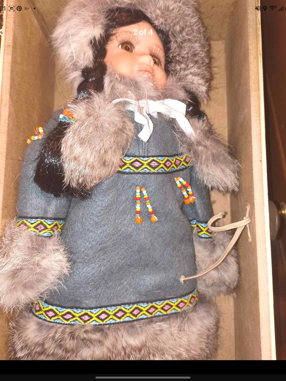 Vintage Gray Fur-Trimmed Doll with Multicolor Beadwork